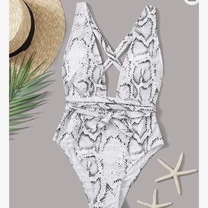 Bathing Suits Criss Cross Tie Knot Front Deep V Open Back Snake Print One Piece